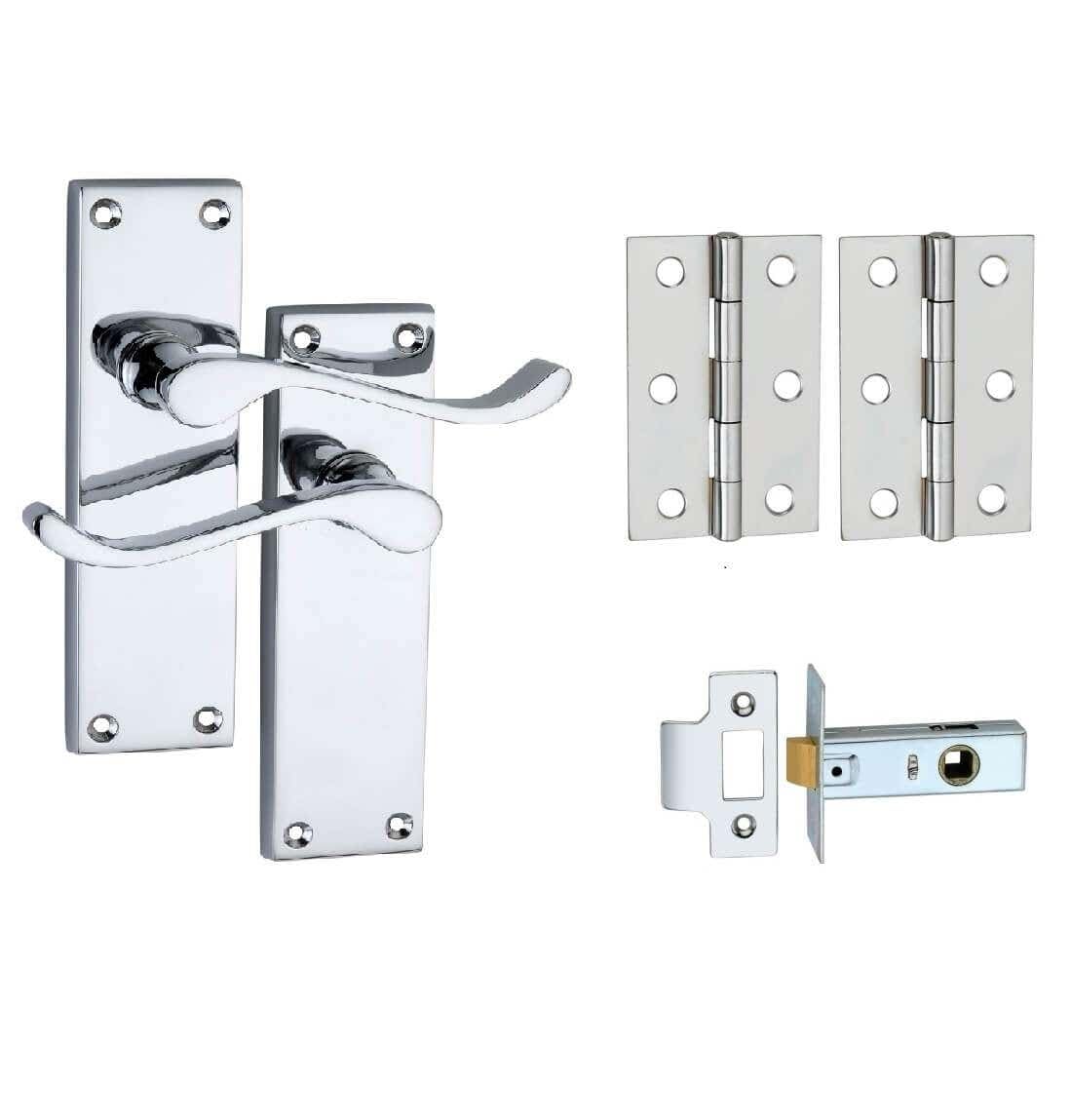 Designer Levers Chrome - Victorian Scroll Lever Door Handles - Includes 64Mm Tubular Latch And 75Mm Door Hinges Pair - Interior Use - 152 X 42Mm
