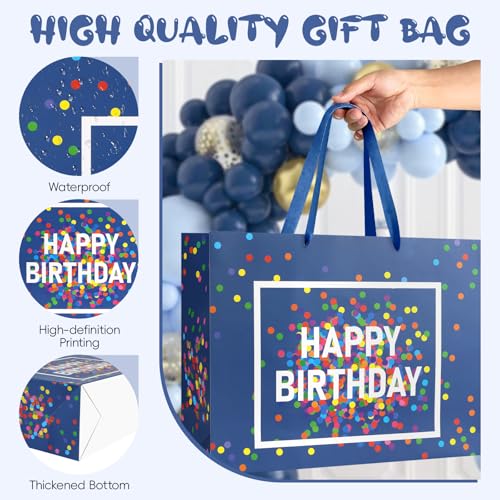 Image of JMANNI Large Happy Birthday Gift Bag with Tissue Papers and Greeting Card,Portable Paper Gift Bags with Handles, Navy Blue Present Bags for Women Men Birthday Party Supplies 13 inch x 10.2 inch x 4.7 inch