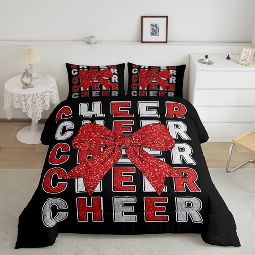 Image of Feelyou Cheer Bow Comforter Set Queen Size Red Glitter Cheerleader Bedding Set for Kids Boys Girls Cheerleading Duvet Quilt Sport Bedroom Decor Microfiber 3 Pcs with 2 Pillow Cases