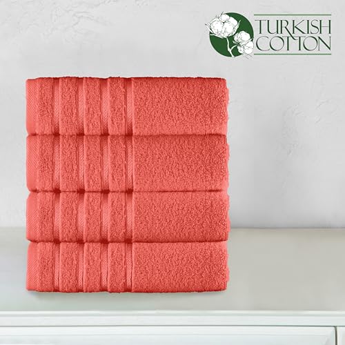 Image of Elegant Comfort 100% Turkish Cotton 4 Lines Viscose Stripe Luxury 4 Pack Hand Towel Set - Ultra Absorbent and Soft 16 x 28 Inch Premium Hotel Spa Quality Towels for Everyday Bath Use, Coral