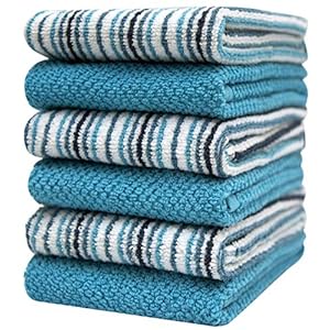 Kitchen Towels 16”x 26”- 6 Pack | Large Cotton Kitchen Hand Towels | Dish Towels | Popcorn Stripe Design | 400 GSM Highly Absorbent Tea Towels Set with Hanging Loop | Dish Towels for Kitchen | Aqua