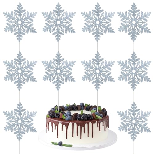 10pcs Christmas Cake Toppers Sliver Glitter Snowflake Cupcake Toppers Xmas Snowflake Cake Decoration for Holiday Winter Theme Cupcake Picks Baby Shower Christmas Cake Toppers