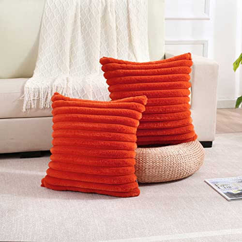 FUTEI Burnt Orange Striped Decorative Throw Pillow Covers 22x22 Inch Set of 2,Square Winter Decorations Couch Pillow Case,Soft Cozy Faux Rabbit Fur & Velvet Back,Modern Home Decor for Bed