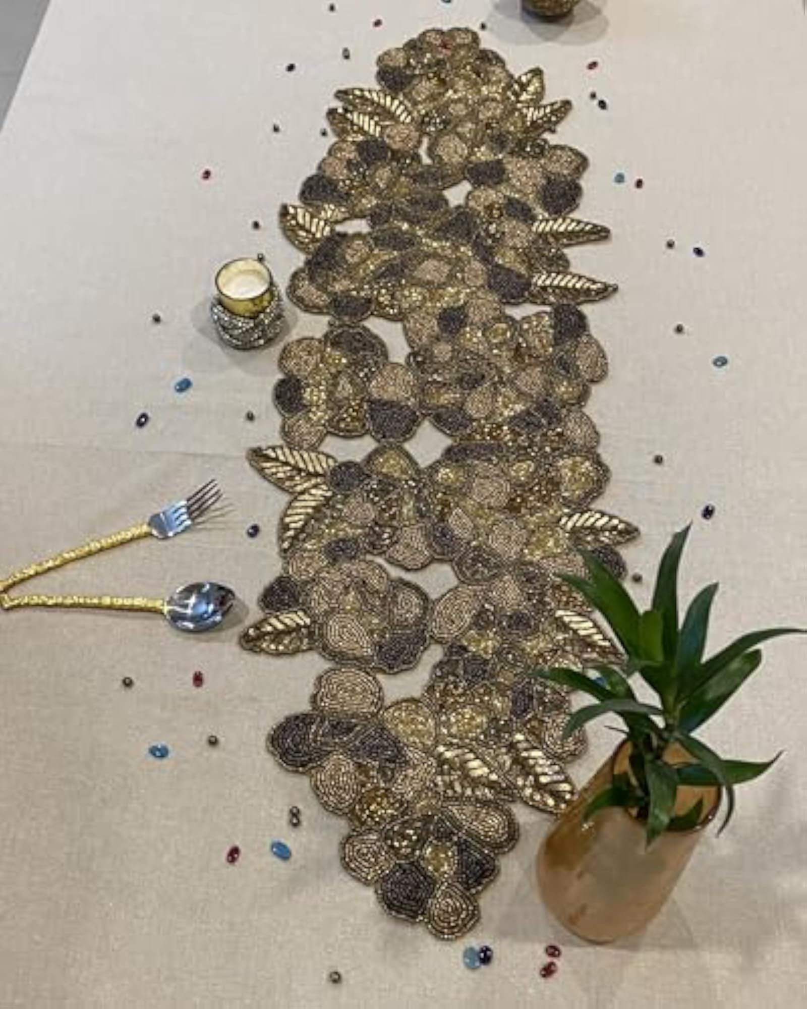 Special Foliage Shaped Hand Beaded Table Runner