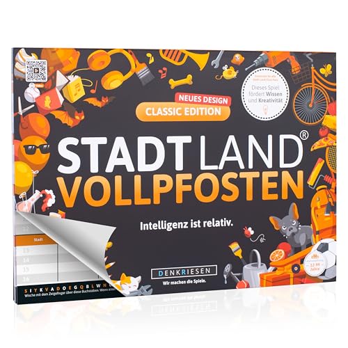 DENKRIESEN Stadt Land VOLLPFOSTEN - Classic Edition | Wortspiel für 2-50 Spieler | Familienspiel ab 12 Jahren | Stadt Land Fluss | Gesellschaftsspiel & lustiges Partyspiel im DIN A4 Format
