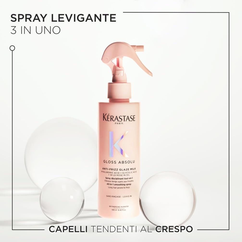 Kérastase, Gloss Absolu, Spray Multi-Beneficio per Capelli Crespi, Con Acido Glicolico, Acido Ialuronico e Olio di Rosa Canina, Anti-Frizz Glaze Milk, 190ml