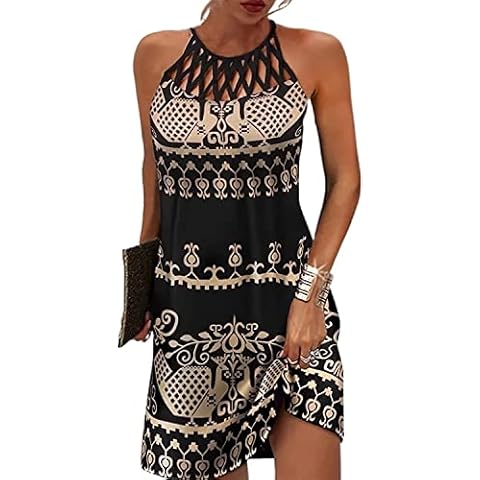 Size L Bohemia Black Fall Summer Dresses for Women 2025 Casual Floral Hollow Out Halter Neck A-line Sundresses for Beach Vacation Holiday Cover