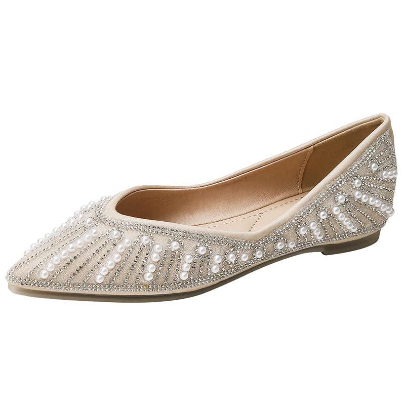 Women's Ballet Flats Glitter Casual Dressy Shoes Pointed Toe Bridal Flats Work Flats Office Shoes with Pearls