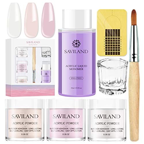 Saviland Acrylic Powder and Liquid Set - Professional Monomer Liquid acrylic powder System, 3 Colors Pink White Clear Nail Powder kit for Nail Extension