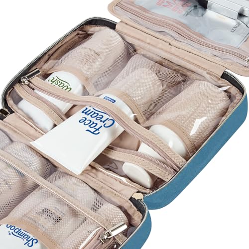 Image of NISHEL Travel Toiletry Bag for women, Portable Hanging Organizer for Travel-Sized Shampoo, Conditioner, Brushes Set, Makeup Accessories, Medium Size, Lake-Blue
