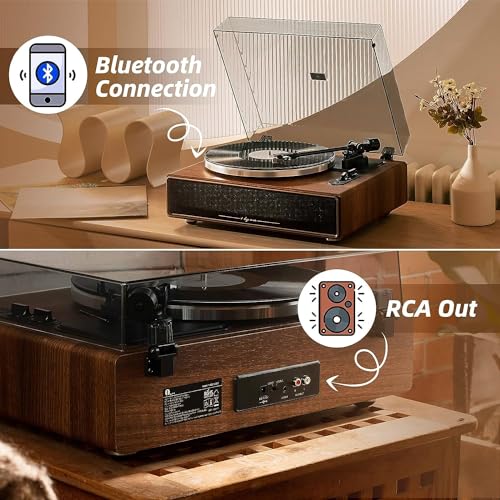 Tocadiscos 1 BY ONE mostrando las conexiones Bluetooth y RCA en la parte posterior