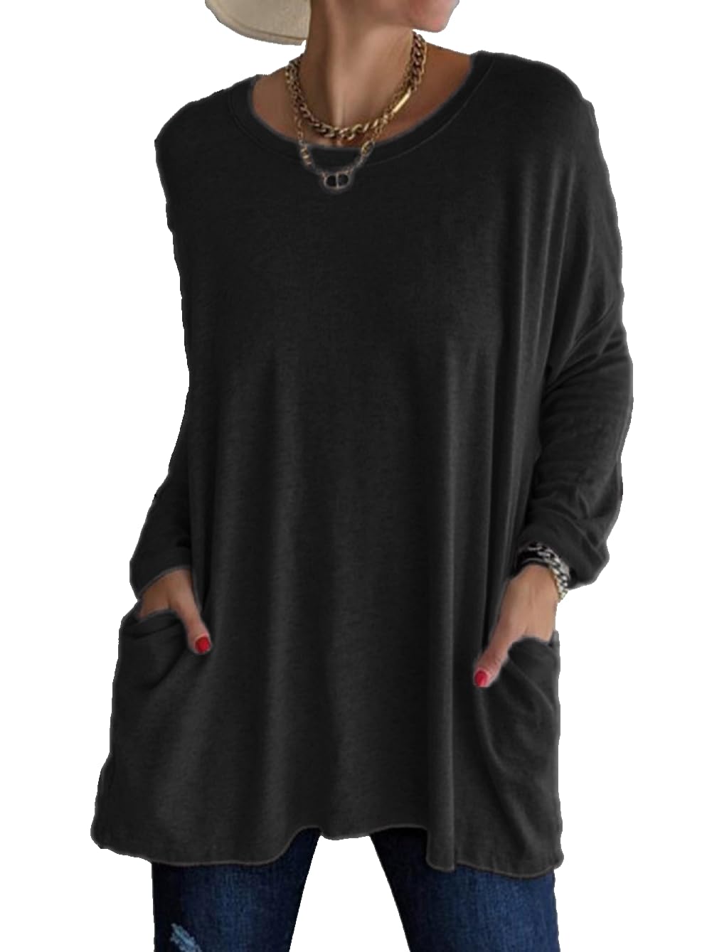 SISAY Jersey Largo Mujer Talla Grande Camiseta Manga Larga con Bolsillos Suéter Unicolor Casual Pullover Vestido Corto Otoño Invierno Tunica Lisa Blusa Suelta Moda Camisa Top Y2K Streetwear Mini Dress