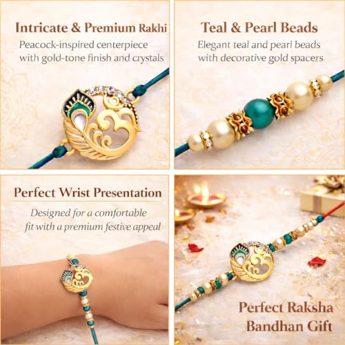Image of Riddhika Ventures Alluring Gold Plated Om and Pearl Rakhi with Roli Chawal & Greeting Card for Men (P8)