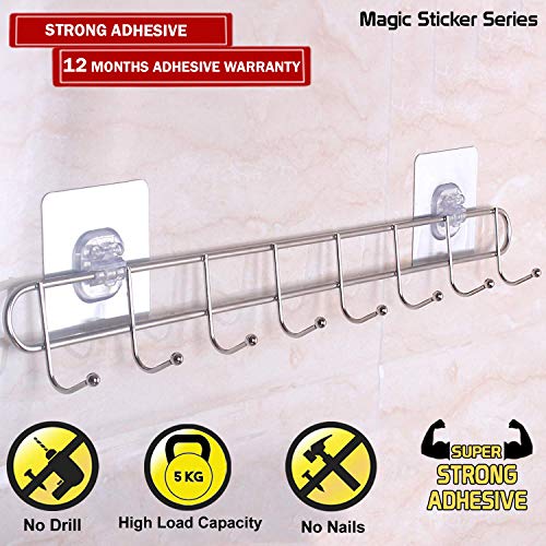 Image of HOKIPO Stainless Steel Self Adhesive 8 Hook Rail - 5KG Load Capacity (Model-AR3165).