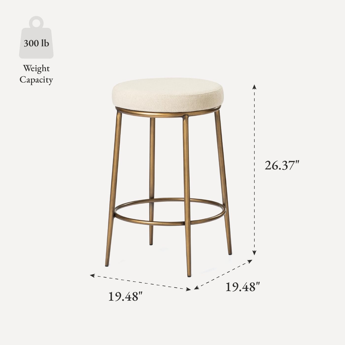 Maven Lane Stella Counter Stool – 26 Inches – Round Stool with Footrest – Aged Gold Metal Frame & Beige Fabric Upholstery – Perfect for Kitchen Island & Counters