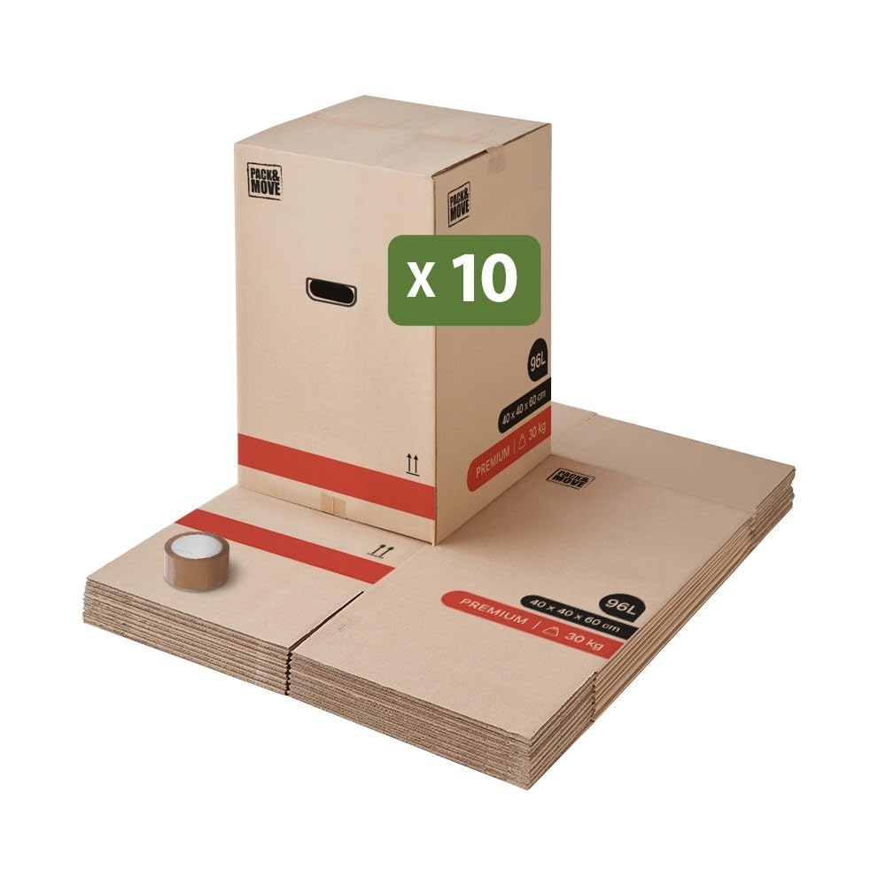 Pack And Move – Lote de 10 cajas de mudanza premium – 40 x 40 x 60 cm – Extrema resistencia 25 kg – Reutilizables – Doble grosor – Asas reforzadas – 1 adhesivo incluido