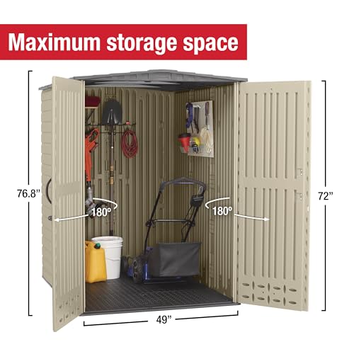 Image of Rubbermaid Large Vertical Resin Outdoor Storage Shed With Floor (6.2 x 4.6 Ft), Weather Resistant, Beige /Brown, Organization for Home /Backyard /Garden Tools /Lawn Mower /Bike Storage /Pool Supplies