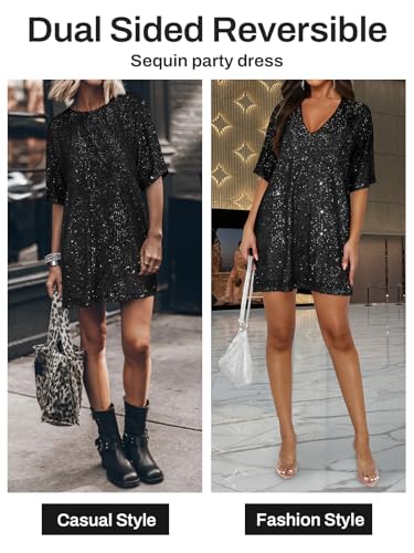Women's Crew Neck Sequin Dress for Women Sexy V Neck Shirt Dress Sparkly Half Sleeve Loose Party Club Cocktail Dress2
