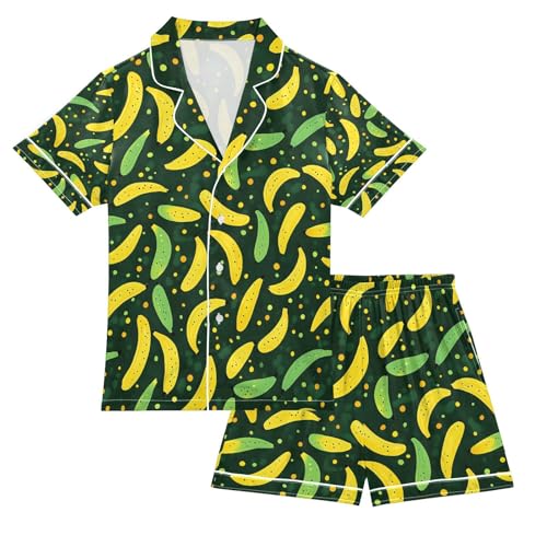 senya Yellow Green Banana Satin Summer Pajama Sets Silk Short Sleeve Button Down Sleepwear