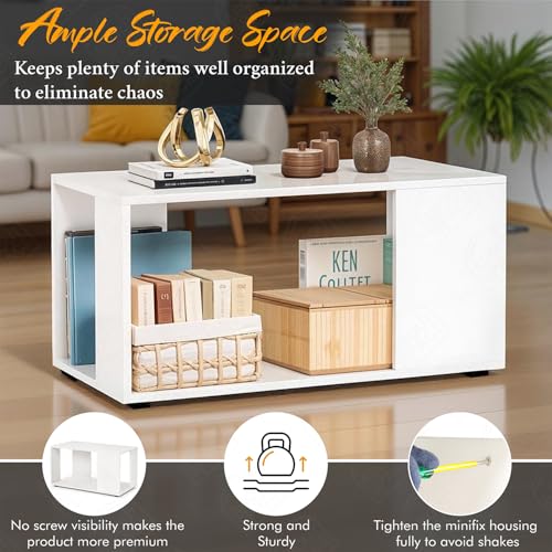 Image of ABOUT SPACE Coffee Table - Portable Wooden Centre Table with Open Storage - Furniture - Sofa /Tea /Teapoy for Living Room, Home, Office (White - L 80 x B 40 x H 42 cm)