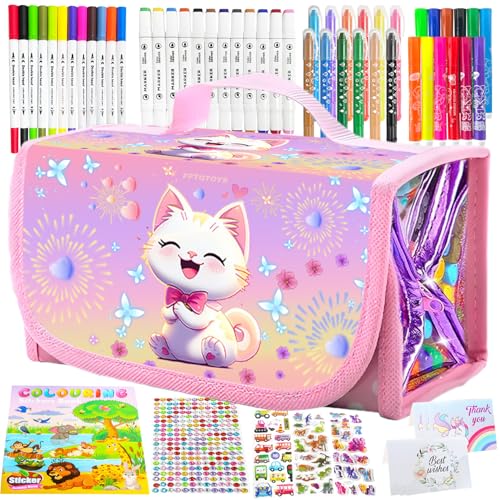 Regalo Bambina 3 4 5 6 7 8 9 10 Anni,Valigetta Colori per Bambini,Acquerelli per Bambini,Pittura,Pennarello,Pastelli Colorati,Libro da Colorare,Giocattolo Bambina 3-10 Anni(Gatto,64 pcs)