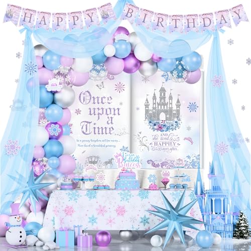 Winter Snow Birthday Party Decorations for Girls Snowy Princess Birthday Supplies Winter Wonderland Princess Party Decor Ice Blue Silver Snowflake Balloons Once Upon a Time Fairy Girl Party Decor