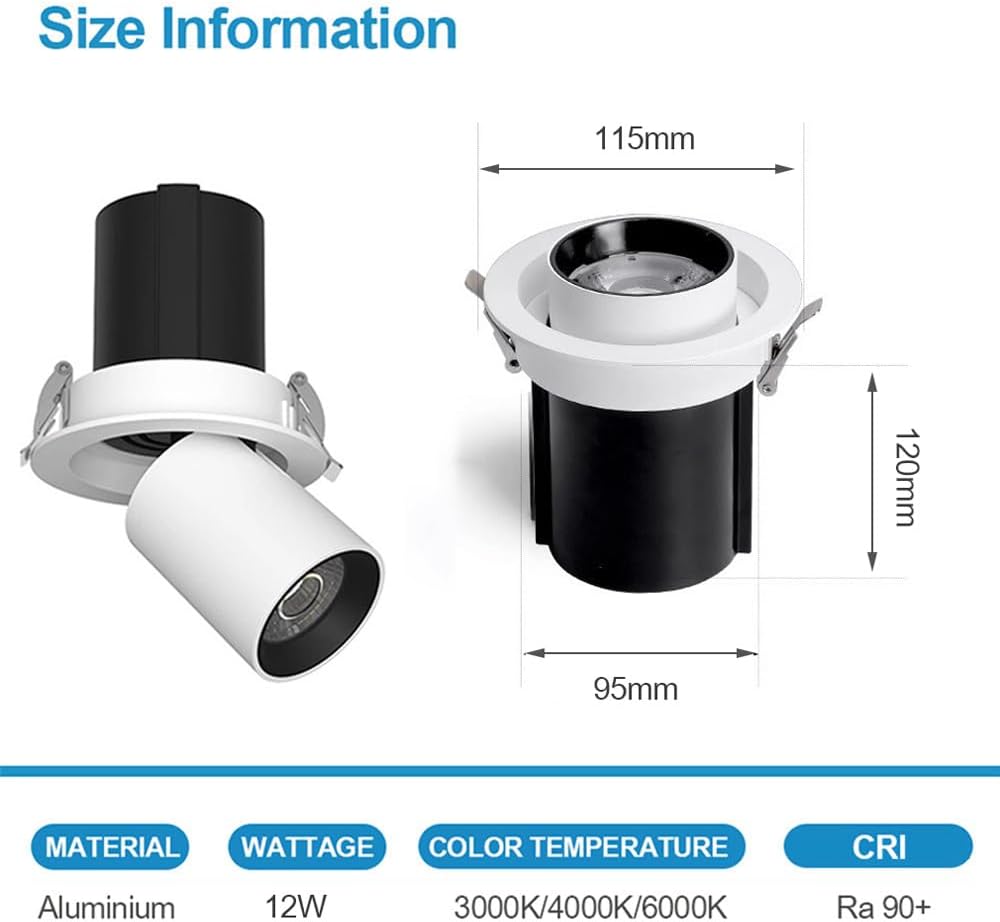 3/4/5 Inch Recessed LED Lights Set of 2,Baffle Trim Deep Anti-Glare COB Spotlights Telescopic Downlight 3000K/4000K/6000K Selectable Eyeball Ceiling Spotlight Lighting