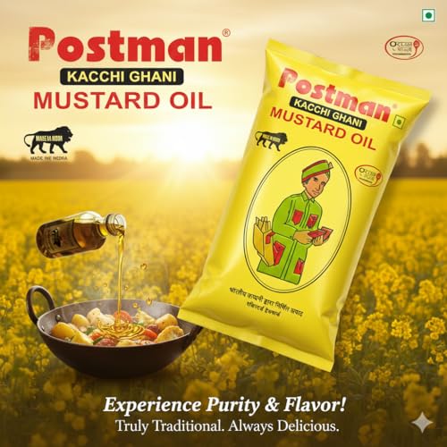 Image of Postman Kachi Ghani Mustard Oil 1L Pouch - True Full Weight 910g - Wood Pressed Unrefined Sarson Ka Tel