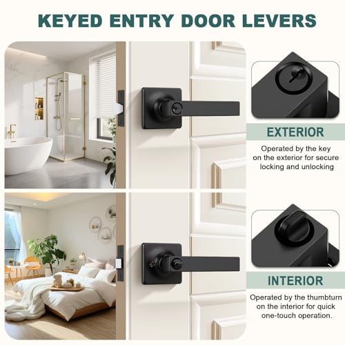 Image of GOBEKOR Keyed Alike Entry Door Handles with Lock and Keys, Matte Black Entry Door Lock Sets for Exterior & Interior Doors, Reversible Door Levers for Office & Home, 3 Pack