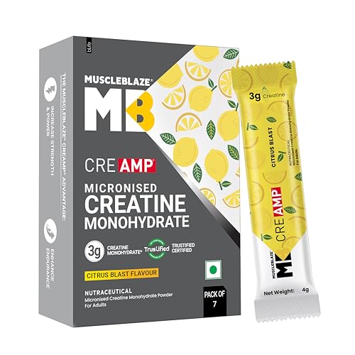 Image of MuscleBlaze Micronised Creatine Monohydrate CreAMP Powder, 7 Sachets | Citrus Blast | Trustified Certified Creatine