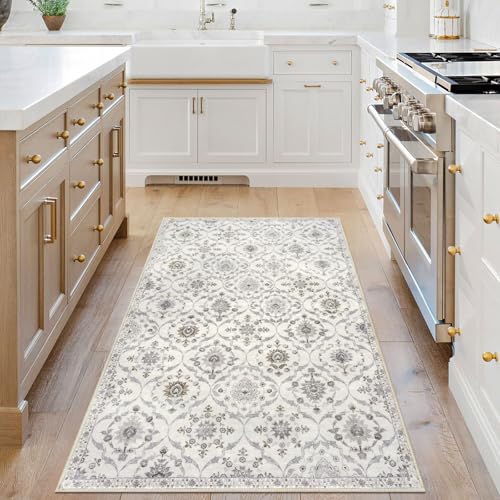 KILOCOCO 3x5 Moroccan Super Soft Area Rug Washable Living Room, Vintage Floral Rug Indoor Non-Slip, Print Faux Wool Accent Indoor Entryway Rug for Laundry Playroom Office, Cream Beige Grey