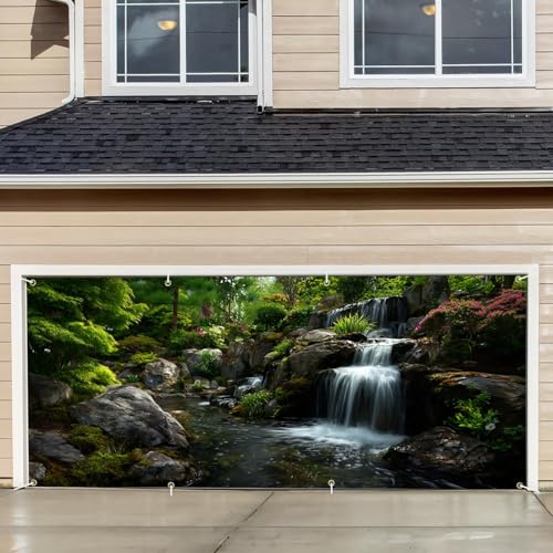Nature Waterfall Garage Door Banner – Tranquil Scenic Outdoor Mural with Rocks, Garden & Lush Greenery – Home Exterior Decoration