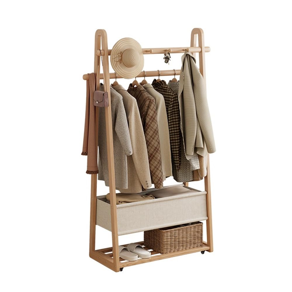 DFHS46JK Hat Rack Solid Wood Floor-standing Coat Rack Movable Storage with Wheels Entrance Hall Bedroom with Cloth Bag Hanging for Office(Wood,Small)
