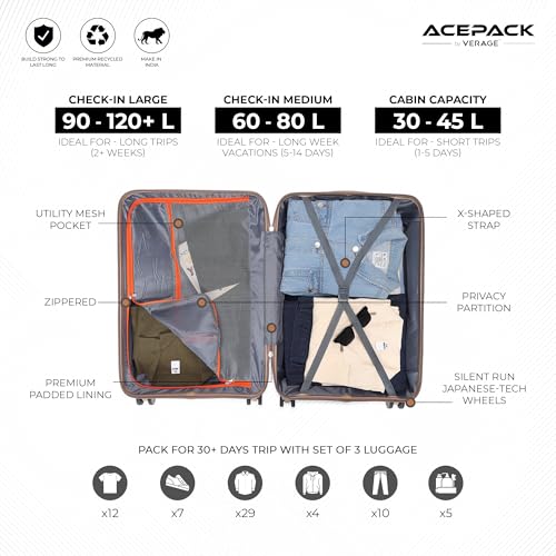 Image of ACEPACK - MEGATRON Set Of 3 Pieces (Small + Medium + Large) Trolley Bag, Lightweight Luggage Suitcase With Spinner 8 Wheel, Unbreakable Polypropylene Hard Shell, In-Built Number Lock, 3 Years Warranty