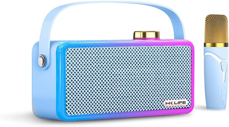 WK LIFE BORN TO LIVE- Bluetooth Speaker 16W Wireless Portable 3000mah Battery Stereo Party Speakers LED Lights,Karaoke for Adults Kids with Wireless Microphones, Support TF/USB/AUX for Outdoor- Blue