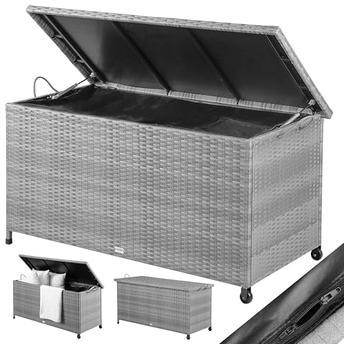 Casaria® Coffre de jardin extérieur XXL Gris - Malle de rangement en Polyrotin avec roulettes 270...