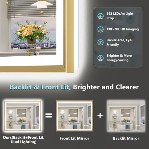 Image of 44x30 Gold Beveled LED Bathroom Mirror with Lights, Brushed Gold Framed Backlit and Front Lit Anti-Fog Lighted Vanity Mirrors for Bathroom Wall, Dimmable, 3 Colors, Memory, HD Tempered Glass