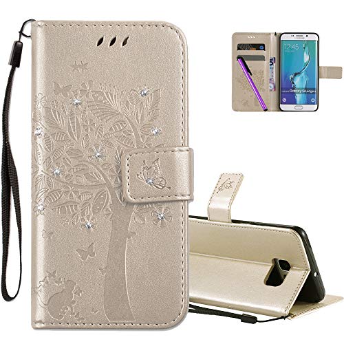 COTDINFOR Samsung Galaxy S6 Edge Plus Funda Mujer Chica Elegante Suave PU Cuero Flip Cuero Billetera Estuche Cárcasa Case Protectora para S6 Edge Plus Gold Wishing Tree with Diamond KT.