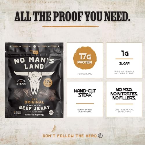 Image of No Mans Land Slow-Dried Beef Jerky | Smoked & Seasoned Jerky Strips | High Protein, Low Carb Beef Snack | Gluten Free - MILD (5oz)