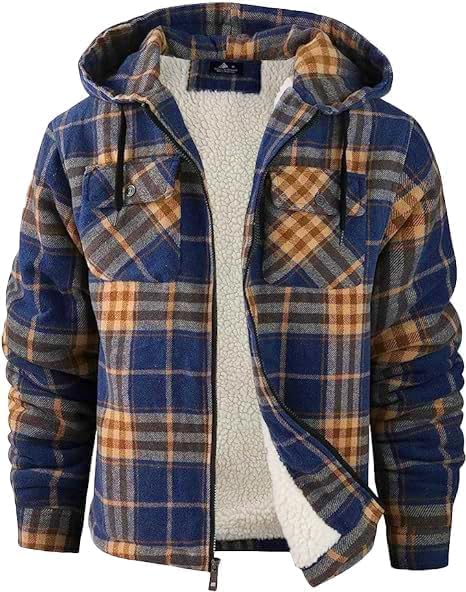 Image of ZITY Men's Flannel Hooded Jacket Fleece Sherpa Lined Plaid Shirts Jackets Zip Up Sweatshirt Hoodies for Men with 4 Pockets