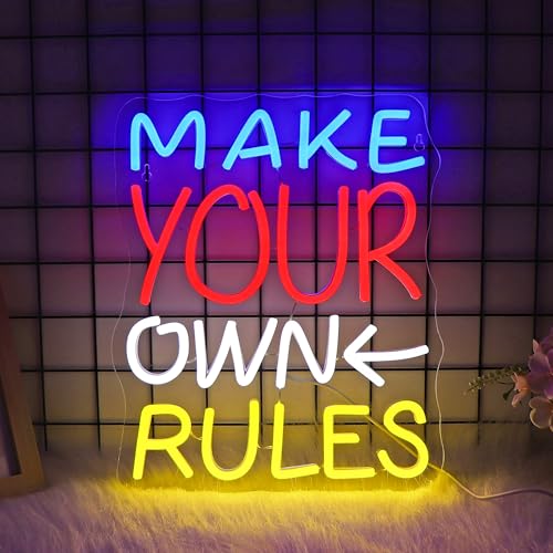 Image of Make Your Own Rules Neon Sign, JGHTURIE Neon Signs for Wall Decor White Light Up Sign Game Room Office Bar Party Led Sign Decor, USB Powered