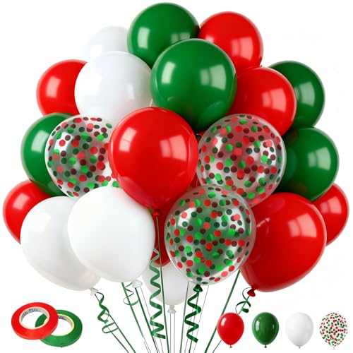 60 Pcs 12 Inch Christmas Balloons Red Green White Confetti Balloons for Birthday Wedding Festival Christmas New Year Holiday Decoration
