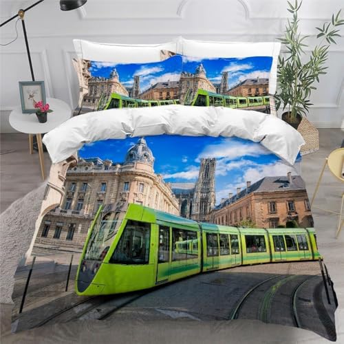Train Vert Housse de Couette 3D Microfibre Douce Décor Architecture - 3