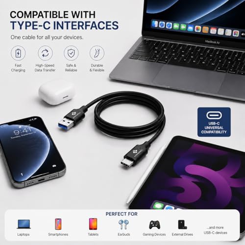 Image of USB 3.2 Gen 2 Cable, Up to 10Gbps Data Transfer, USB-A to Type-C, Up to 60W Fast Charging, Compatible with SSD Enclosures, External Hard Drives, Laptops, PC & Smartphones | (Black, 0.5M)