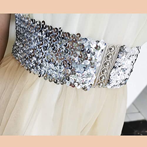 WYuZe 3 Pack Sequin Wide Elastic Waist Belt for Women Girl Sparkle Stretch Dress Belt Accessory (Gold, Silver, Black)2