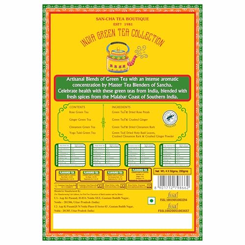 Image of Sancha Tea Boutique, India Green Tea Collection, Luxury Gift Box - 4 Assorted Blends (Cinnamon, Rose, Ginger & Tulsi Green), 200g Loose Leaf Hamper