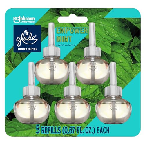 Glade PlugIns Refills Air Freshener Scented and Essential Oils for Home and Bathroom Empower Mint 3.35 Fl Oz 5 Count