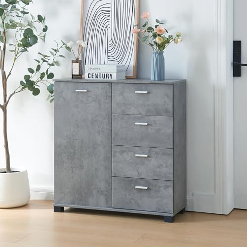 Credenza Moderna - 150 X 47,5 X 80 Cm - Con 4 Ante - Piedini Regolabili In Metallo Mdf Nero