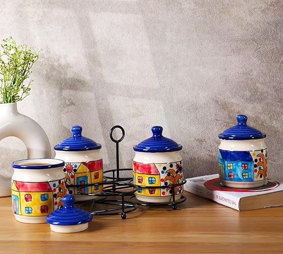 Image of Niyara Handcrafted Ceramic Pickle Jar Set, Premium Metal Tray, Spoons & Lids - Multipurpose Storage for Pickles, Chutneys, Spices & Condiments (Set of 4, 300ML /Each) (blue Home Design)
