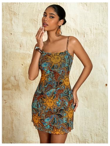 Image of Milumia Women's Summer Mini Dress 90s Boho A Line Mesh Short Dresses | Spaghetti Strap,Sleeveless,Vintage,Paisley Print,Festival Outfits,Cowgirl,Y2k,Goth,